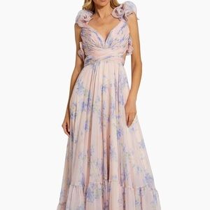 Mac Duggal Pastel Pink Maxi Dress with Lavender Floral Print